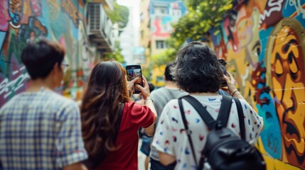 A group of tourists cameras in hand capture the colorful and dynamic street art as they immerse themselves in the bustling atmosphere . .