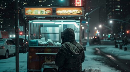 A lone figure bundled up in a thick coat and scarf stands in front of a food cart with back to the camera. They seem lost in . .