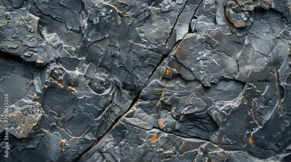 Poster close-up of a black limestone surface, revealing fossilized imprints and organic patterns embedded w