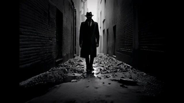 Silhouette Man walking Alone down a dark narrow alley 