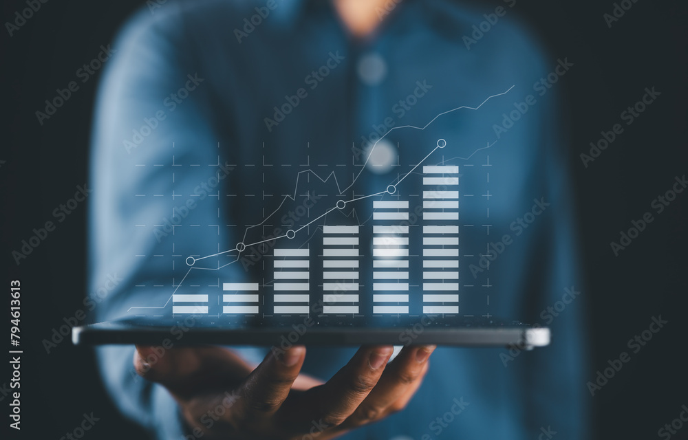 Aufkleber businessman showing business chart growth graph and and increase of chart positive indicators busine