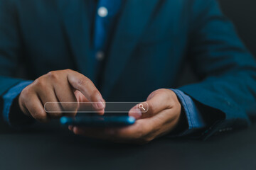 SEO, Search engine optimization, Data search technology concept. Businessman use smartphone with search bar on virtual screen.