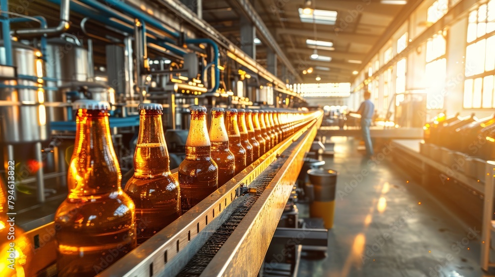 Fototapete a panoramic view of an automated beer bottling line, with rows of glass bottles moving seamlessly th
