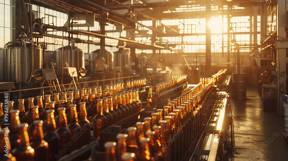 Fototapete a panoramic view of an automated beer bottling line, with rows of glass bottles moving seamlessly th