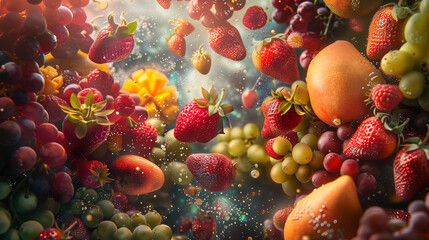 A new spin on the concept of fruits by transforming them into otherworldly vessels Picture a high-angle view of mangoes, strawberries, each fruit containing a miniature universe within The surreal com - obrazy, fototapety, plakaty