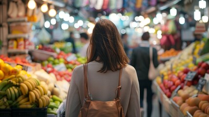 A woman walks briskly back to the camera as expertly weaves through the crowded market clutching a shopping list in hand. . .