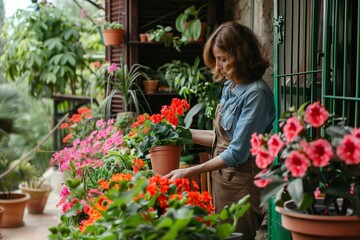 Woman taking care of the flowering plants on her terrace