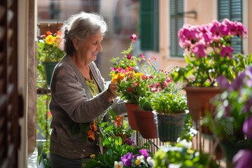 Senior woman taking care of the flowering plants on her terrace