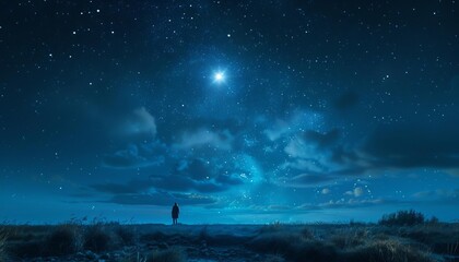 Fototapeta na wymiar A stylized image of a lone figure under a night sky, looking hopeful