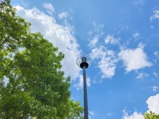 Round Glass Street Lamp Illuminating a Serene Summer Park with Vibrant Blue Sky and Lush Green Trees, Providing an Elegant and Functional Lighting Solution for Pathways and Streets.