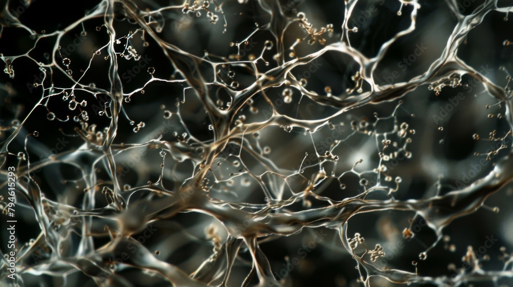 Poster a closeup image of a tangled network of fungal hyphae resembling a web of delicate threads viewed un