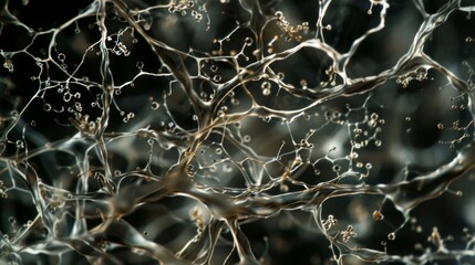 A closeup image of a tangled network of fungal hyphae resembling a web of delicate threads viewed under a microscope. The hyphae show - obrazy, fototapety, plakaty