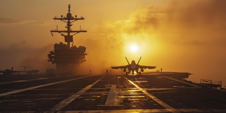 A poignant scene of the aircraft carrier at the edge of dawn, the first jet taking off into the breaking light, symbolizing hope and resolve amidst the adversity of the warzone.