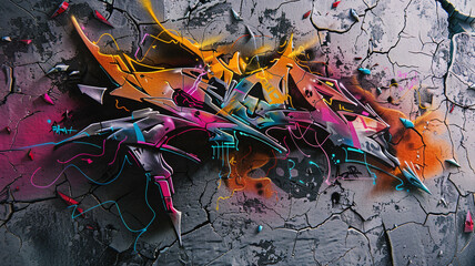 The essence of street art captured in an abstract background, where the permanence of cracked concrete meets the fleeting beauty of graffiti tags