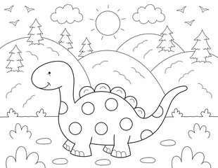 cute dinosaur in nature coloring page for children. you can print it on standard 8.5x11 inch paper © BaMic illustrations