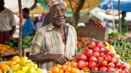 In a vibrant market setting a farmer proudly displays a selection of fruits and vegetables that were grown using biofuelpowered farming equipment. Shoppers ask questions and learn . - obrazy, fototapety, plakaty