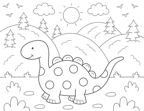 cute dinosaur in nature coloring page for children. you can print it on standard 8.5x11 inch paper