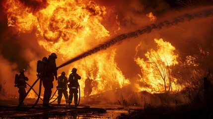 A poignant scene at the edge of a wildfire, where firefighters work tirelessly to create a containment line, the glow of the flames illuminating their efforts to protect the surrounding community.