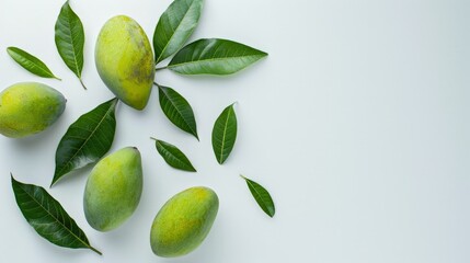 Close up of ripe mangoes and leaves on white surface