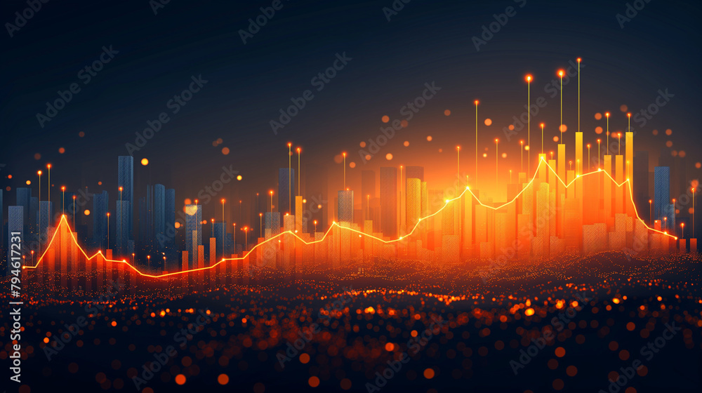 Poster abstract business chart with uptrend line graph and number of stock market in flat icon design on ye