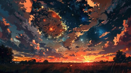 The peaceful tranquility of the night is interrupted by the stunning cacophony of colorful explosions that light up the sky.