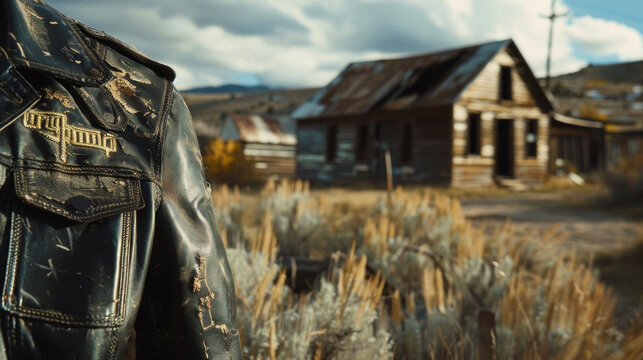 In the abandoned ghost town the ranchers leather jacket is the only touch of color its faded Ramones logo standing out against the dilapidated buildings. .