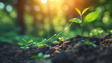 A sapling is growing from fertile soil with a business arrow graph of growth. Concept of business growth, profit, development and success.