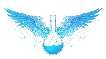 A captivating continuous single line drawing depicting a flying test tube with wings a symbol of innovative science in the realm of healthcare This unique winged flask mirrors a chemical res
