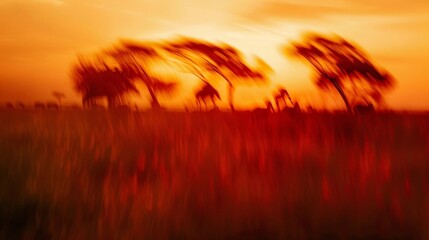 A blur of animals their distinct shapes ly visible against a backdrop of brilliant oranges and deep reds in the savanna sunset. .