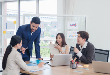 Portrait business team woman and man asian group meeting sit look holding document and look...