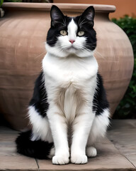 Black and white cat in front of a vase. 