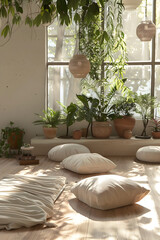 Tranquility Embodied: An Individual Engaging in RQ Restorative Yoga in a Calm and Serene Setting