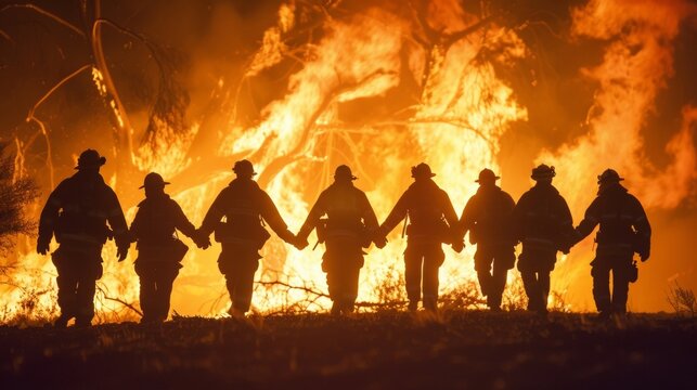 A silhouette of a firefighting team holding hands in a circle silhouetted by the flames of a raging fire behind them. The image represents their unbreakable bond and their unwavering .