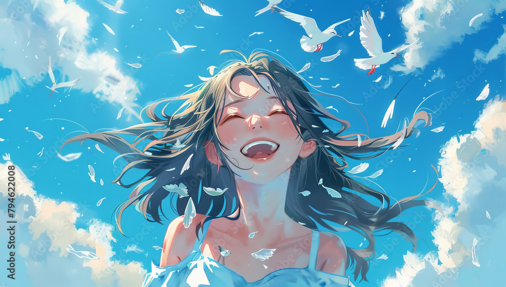 Wall mural Excited, funny and girl outdoor with blue sky, clouds and nature on wallpaper background. Happy teen, face and laughing for comedy with illustration, birds or anime art painting with color in summer