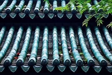 Chinese ancient ceramic blue roof tiles. traditional pattern with dragons.