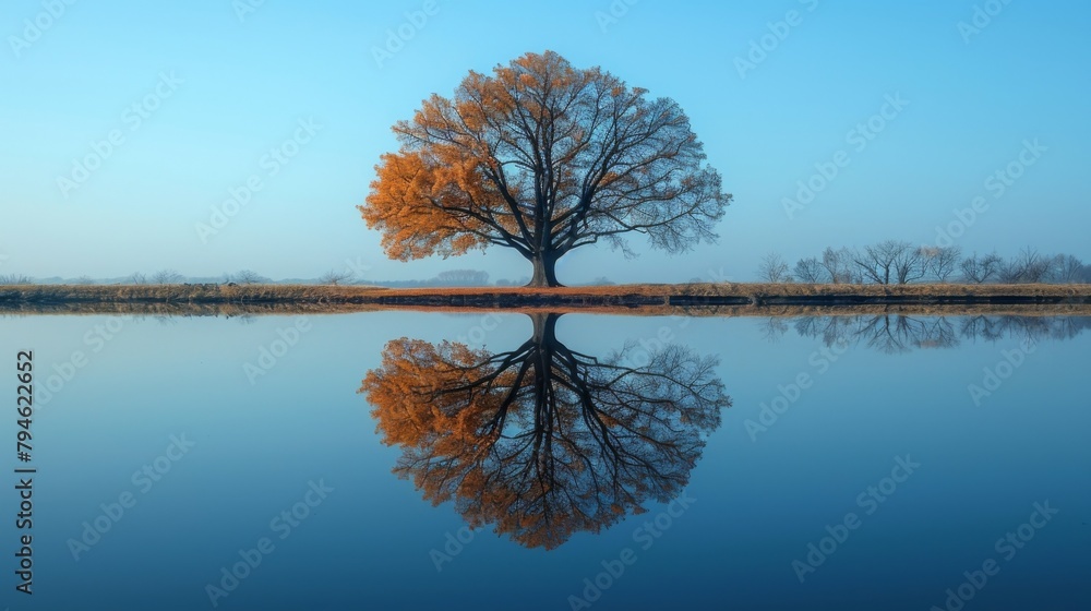 Poster A lone tree standing in a still pond the reflection of its branches and leaves creating a serene and mystical scene.
