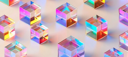 Vibrant Multicolor Holographic Cubic Patterns on Beige Background - Captivating Ultrawide Banner for Modern Design Concepts