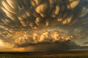 Dramatic Mammatus Cloud Formation Over Prairie at Sunset
