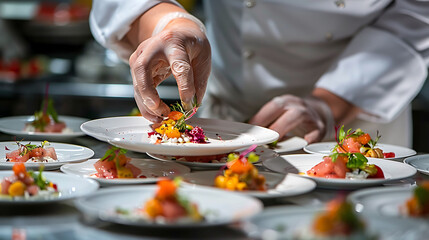 a chef in a white shirt prepares a variety of dishes on a transparent background, including a white