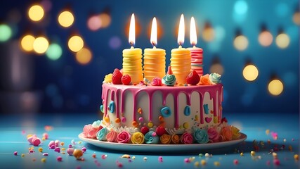Subject: Birthday cake with candles, Type: Photorealistic Image, Art Styles: Realistic, Art Inspirations: Professional food photography, Camera: Close-up, Shot: Front, Render Related Information: 50mm