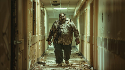 Fat zombie man walks down horror corridor