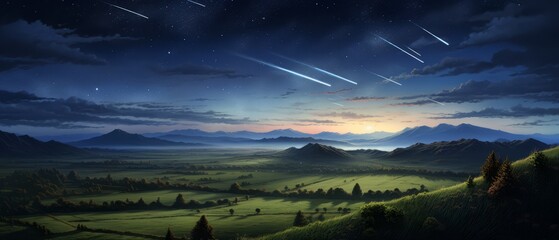 Meteor shower turning night into day over a peaceful countryside, high detail,