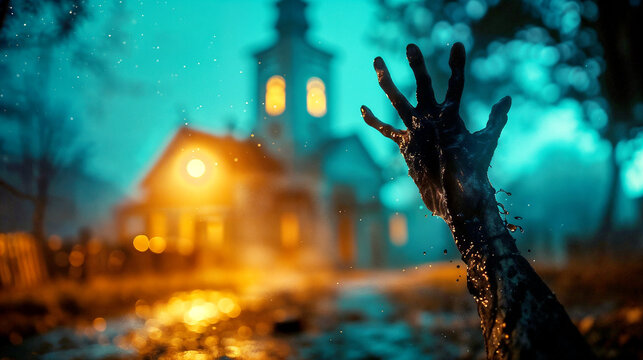 Zombie hand bursting from the grave in a Church graveyard
