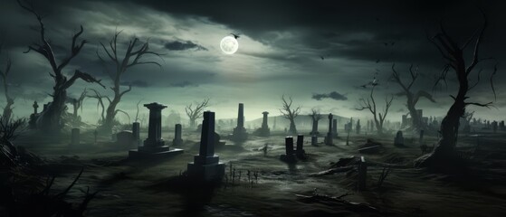 Eerie specters hovering over a desolate cemetery, under a full moon in surreal style