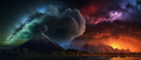Night sky immediately after a volcanic eruption, ash and aurora combined