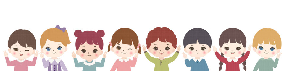 並んでピースをする子供たち