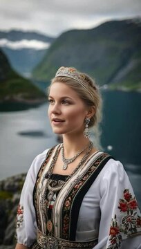 a young Norwegian woman in traditional Norwegian bunad with intricate