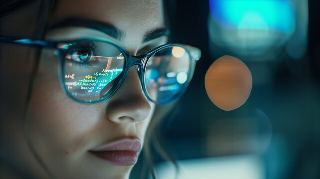 Cyber security and personal data protection. Girl AT engineer reading program code on computer screen. Close-up of eyes and glasses with HTML code reflected.