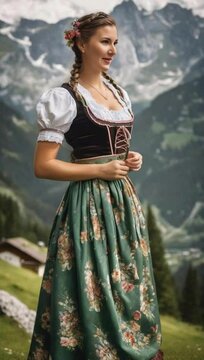 a young Austrian woman in traditional Austrian dirndl with a floral a
