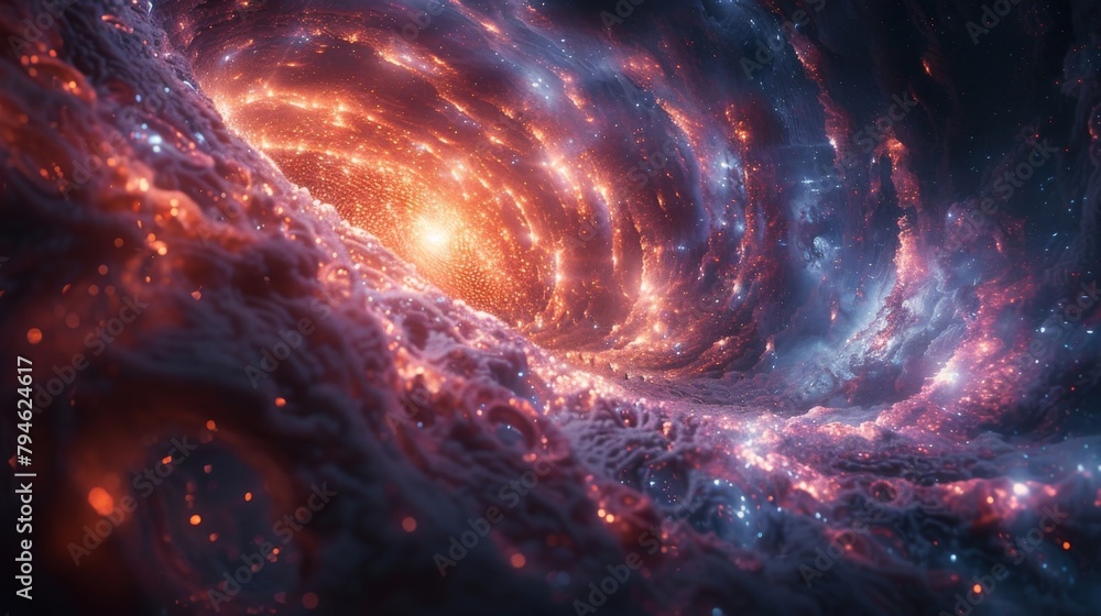 Poster a tunnel of luminescent swirls twisting and turning through the fabric of space and time revealing g